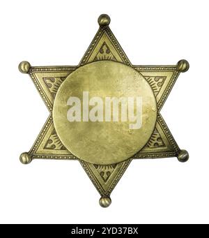 Isolierte Retro Vintage Brass Sheriff Style Star Badge leer für Ihren Text auf weißem Hintergrund Stockfoto