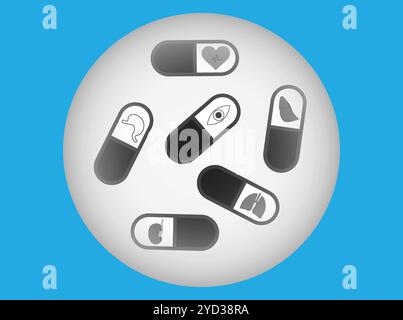 Weißer Knopf mit sechs Kapseln Pillen mit menschlichen Körperorganen Stock Vektor