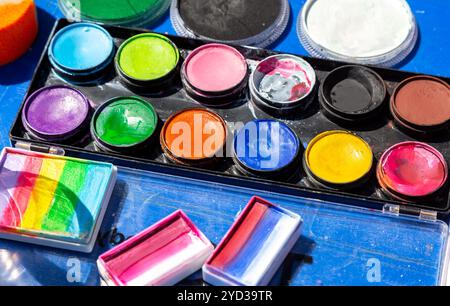 Verschiedene verwendete bunte Aquarellfarbe für das Zeichnen von Nahaufnahme Stockfoto