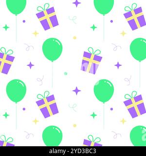 Nahtloses Geburtstagsmuster. Vektor-Feiertagsmuster mit Feiertagsdekorationen Ballons und Geschenken. Auf weißem Hintergrund. Vektorabbildung Stock Vektor