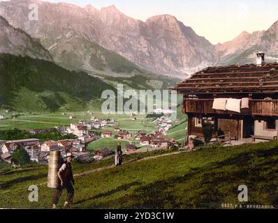 Engelbergtal und Bauernhaus, Berner Oberland, Schweiz, historisch, digital restaurierte Reproduktion eines Originals aus dem 19. Jahrhundert, Rekorddatum nicht angegeben Stockfoto