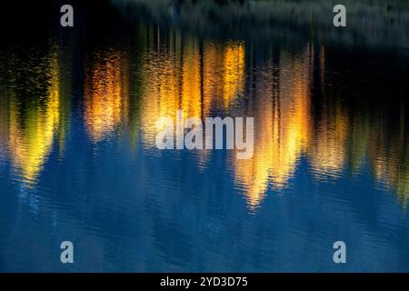 Goldene Lärchen spiegeln sich im Wasser am Duisitzkarsee bei Shladming, Herbstlaub am Alpensee in Österreich, Sonnenaufgang in den Bergen Stockfoto