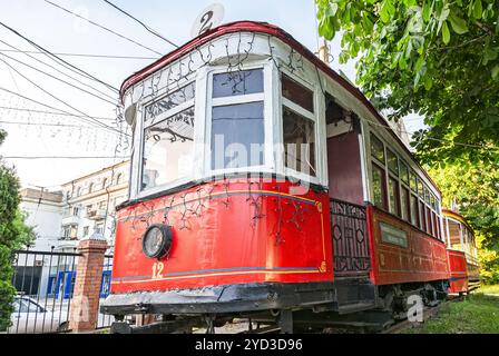 Samara, Russland - 18. Mai 2019: Retro Straßenbahn vagon am freien Straßenbahn-Museum in Samara Stockfoto