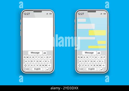 Smartphone-Chat-Schnittstelle. Leere und aktive Nachrichtenbildschirme. Symbol für digitale Kommunikation. Layout für Telefongespräche. Stock Vektor