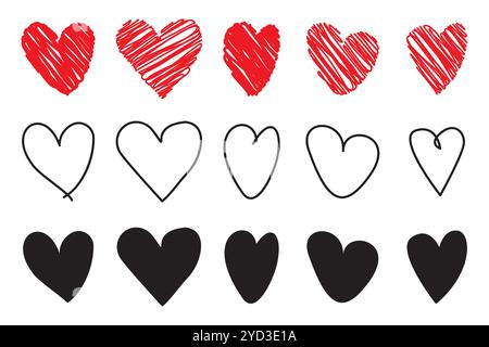 Herz-Symbol-Set. Rote Hand gezeichnete Herzen. Schwarze, einfache Herzen. Vektor-Liebessymbole. Stock Vektor
