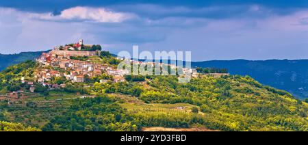 Historische Stadt Motovun auf grünem Hügel mit Panoramablick Stockfoto