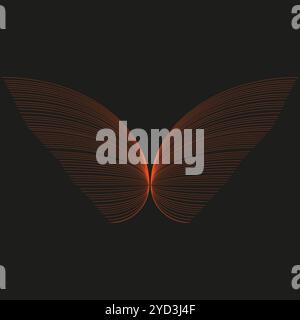 Abstrakte Schmetterlingsform. Orangefarbene Verlaufslinien. Symmetrisches Muster. Dunkelschwarzer Hintergrund. Stock Vektor