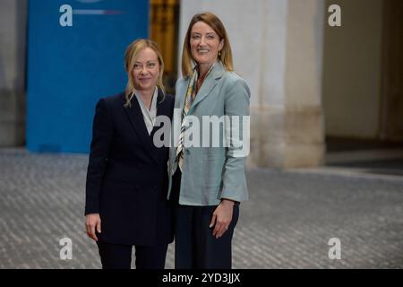 Italien, Rom, 24. Oktober 2024: Der Chigi-Palast, der Premierminister Giorgia Meloni, empfängt Roberta Metsola, Präsidentin des Europäischen Parlaments Foto © Stefano Carofei/Sintesi/Alamy Live News Stockfoto