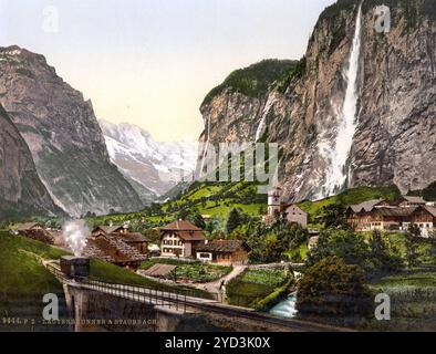 Lauterbrunnental, Staubbach und Jungfrau, Berner Oberland, Schweiz, Historic, digital restaurierte Reproduktion eines Originals aus dem 19. Jahrhundert, R Stockfoto
