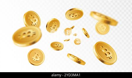 Bitcoin-Explosion. Kryptowährung, elektronische Zahlungen und Blockchain. Goldene 3D-Münzen explodieren, Bitcoins spritzen. Vektorisoliertes Konzept. Stock Vektor