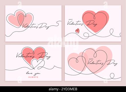 Valentinskarte. Herzen durchlaufen eine Linie. Rote Herzen im einzeiligen Skizzenstil, Liebe und Pflege, Valentinstag-Konzept. Isoliertes Vektorset mit einfachem Herzdesign. Stock Vektor