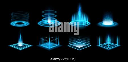 Portal. Blaue futuristische Neonglühen-Hologramm-Spielbühne mit Funkeln und Wirbeln, Teleportpodium mit Lichtstrahlen. HUD Portale Energie mit blauen Strahlen. 3D-Produktplattformset für technische Vektoren. Stock Vektor