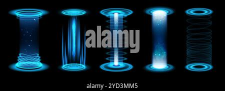 Leichtes, realistisches Portal. Mit Vortex und Teleport-Podium kannst du die Power-Spielbühne in blau-futuristischem Neon-Leuchtstrahl verbessern. HUD Portale Energie mit blauen Strahlen. Isolierter 3D-Techn-Vektor-Satz. Stock Vektor