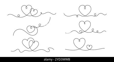 Ein-Linien-Herz. Durchgehende Linie mit Herzen, romantische Liebe und Valentinstag-Konzept für Liebhaber. Minimalistisches lineares Design in Herzform für Valentinstag-Grußkarte. Vektorsatz. Stock Vektor