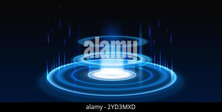Portal-Hintergrund. Blaues futuristisches Neonproduktpodium, Glühen-Hologramm-Spielbühne, Teleport mit Lichtstrahlen. HUD-Plattformenergie mit blauen Strahlen. 3D-Technologie-Vektorkonzept. Stock Vektor