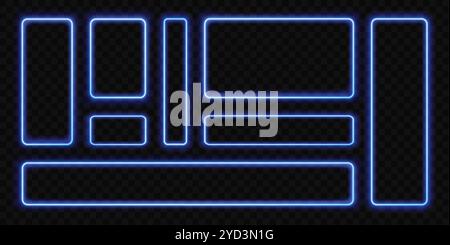Neonrahmen. Rechteckige, blaue Ränder mit LED-Neon-Effekt. Quadratische, glänzende futuristische Banner mit abgerundeten Ecken. UI-Linienelemente, Vektorsatz für vibrierende Rahmen. Stock Vektor