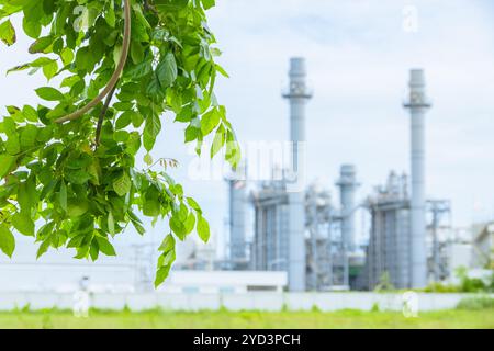 Umweltfreundliche Industrie Eco Power Factory gute Umwelt Ozonluft geringer CO2-Fußabdruck breit für Banner. Stockfoto