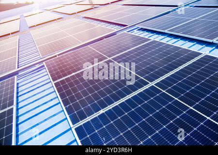 Große Photovoltaikpaneele auf dem Industriedach. Rasteransicht von Solarpaneelen oder Solarzellen im Dachhaus der Fabrik zur Energieeinsparung im Hintergrund. Stockfoto