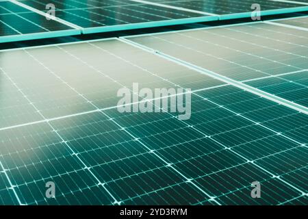 Green Energy, Green Tint Stromnetz Solarpaneele oder Solarzelle im Fabrikdachhaus zur Einsparung von Energie Hintergrund. PV-Paneele auf dem Industriedach. Stockfoto