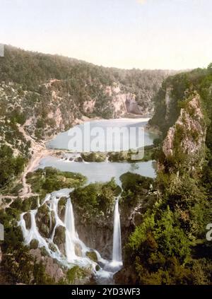 Pletvicerseen, Plitvicer Seen, Ermitensee, Kroatien, Österreich-Ungarn, digitale Reproduktion eines Originals aus dem 19. Jahrhundert, Aufnahmedatum nicht angegeben, Plitvicer See, Kroatien, Österreich-Ungarn , digital restaurierte Reproduktion eines Originals aus dem 19. Jahrhundert, kein Datum angegeben Stockfoto