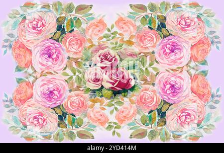 Aquarellmalerei Illustration Blumen orange, rosa, lila von Rosen. Vintage-Bouquet, Schönheit, Frühling Natur, auf weichem lila Hintergrund. Handma Stockfoto