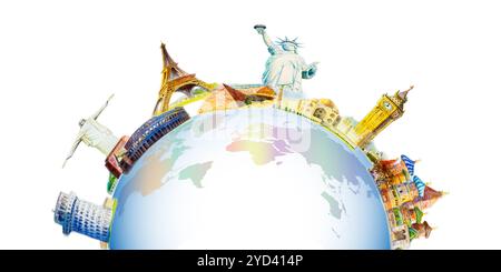 Weltreisen und Sehenswürdigkeiten. Berühmte Wahrzeichen der Welt gruppiert. Aquarell handgezeichnete Malerei Illustration auf Weltkarte in weißem Hintergrund. Stockfoto