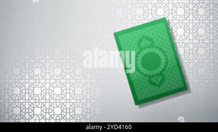 Das heilige Buch des Al Quran sitzt auf abstraktem weißem geometrischem Muster Hintergrund. Muslimisches heiliges Buch. Begriff der islamischen Religion, Ramadan kareem oder EI Stockfoto