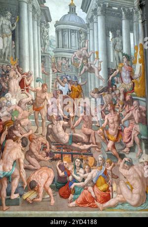 Das Martyrium des Hl. Laurentius, 1569, Fresko von Agnolo Bronzino in der Basilika San Lorenzo in Florenz, Italien Stockfoto