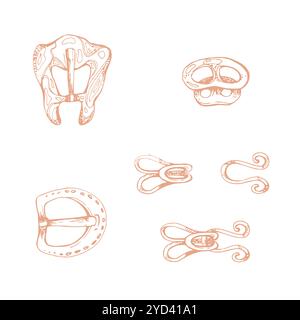 Kleiderverschlüsse, Haken und Öse, Schnallen, Verschluss. Hand gezeichnete Tinte Vektor Illustration Nähen Handwerk Werkstatt Zubehör. Gruppe von Objekten, die auf weiß isoliert sind Stock Vektor