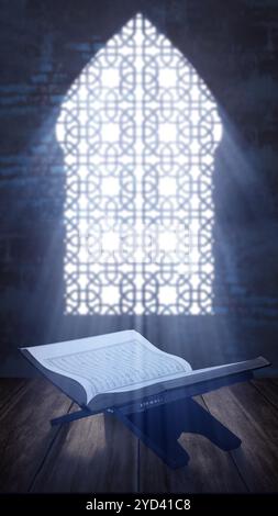Das geöffnete heilige Buch des Al Quran sitzt mit einem Moscheefenster auf dem Hintergrund. Muslimisches heiliges Buch. Konzept der islamischen Religion, Ramadan kareem oder Eid A Stockfoto