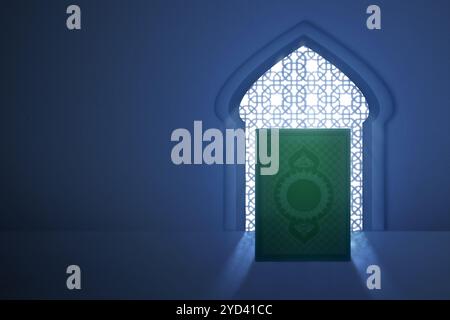 Das heilige Buch des Al Quran sitzt mit einem Moscheefenster auf dem Hintergrund. Muslimisches heiliges Buch. Konzept der islamischen Religion, Ramadan kareem oder Eid Al Fitr Stockfoto