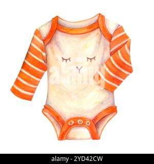 Babykleidung. Isolierter Kinderbody. Heller Jumpsuit für Jungen oder Mädchen. Wasserfarben-Strampler für Kleinkinder. Clip-Art in warmen Orange-Farben für die Babyschau Stockfoto