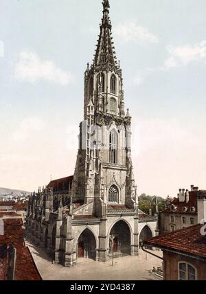 Das Basler Münster ist ein religiöses Gebäude in der Schweizer Stadt Basel, Schweiz, digital restaurierte Reproduktion eines Originals aus dem 19. Jah Stockfoto