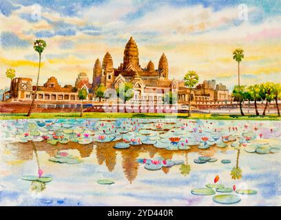 Angkor Wat Tempel, Kambodscha, Südostasien. Aquarellmalerei Landschaft bunt der Architektur, Abschnitt Naturtourismus Reisen in der schönen Jahreszeit Stockfoto