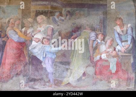 Geburt von San Dominic, Fresko von Bernardiao Poccetti im Kreuzgang der Hauptkirche Santa Maria Novella in Florenc Stockfoto