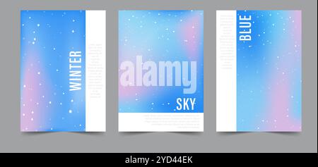 Verlauf Winter Hintergrund mit Schneeflocken. Set trendiger abstrakter Neonvorlagen. Design mit kalten Wellen. Moderner Vektor. Minimalistischer Hintergrund in Pastellfarben Stock Vektor