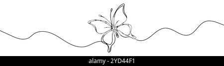 Durchgehende Linie, die einen Schmetterling über einer welligen Linie zeichnet, minimalistische schwarz-weiße Vektorillustration Stock Vektor