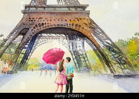 Paris europäische Stadtlandschaft. Frankreich, eiffelturm und Liebende Männer und Frauen, rosa Regenschirm, Blumengarten Bäume. Aquarellmalerei Illustration, wir Stockfoto