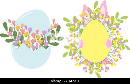 Blumenkomposition in zerrissener Eierschale und Osterhase hinter Eiergestell mit Zweigen im 2er-Set. Karten, Poster, Banner, Broschüren, Preis, Etikett, Aufkleber, Werbeaktion oder Web isolierte Vektorillustration Stock Vektor