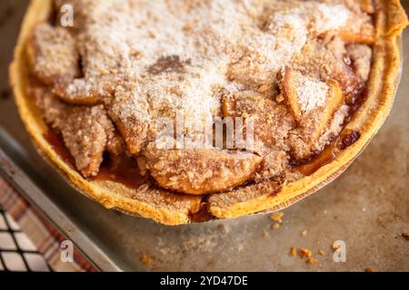 Nahaufnahme eines frisch gebackenen goldenen Apfelstreuseldesserts Stockfoto