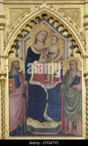 Madonna mit dem Kind von Niccolo Gerini, Detail des Polyptychons des Hochaltars in der Basilika di Santa Croce (Basilika der Stockfoto