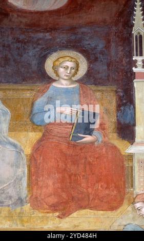 St. Johannes Evangelist, Detail des Triumphes von St. Thomas von Aquin, Fresko von Andrea di Buonaiuto, Spanische Kapelle in Santa Maria Stockfoto