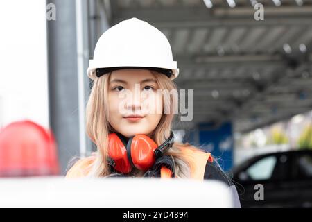 Junger Ingenieur mit Helm, der draußen arbeitet Stockfoto