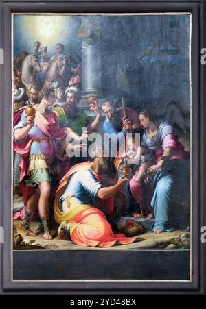 Krippe, die Anbetung der Magier Altarbild von Girolamo Macchietti in der Basilika San Lorenzo in Florenz, Italien Stockfoto