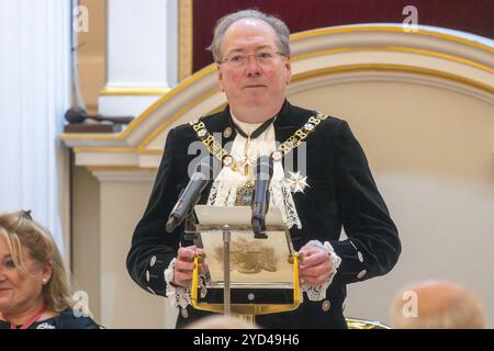 London, UK, 22. Oktober 2024. Michael Mainelli, der 695. Lord Mayor of the City of London, veranstaltet das Abendessen vor den Richtern seiner Majestät im Mansion House in London. London, Großbritannien. Oktober 2024 Stockfoto