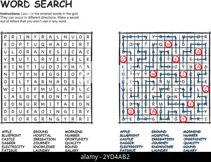 WORTSUCHE 001. Vektor-Wort-Puzzle-Spiel mit Lösung. Stock Vektor