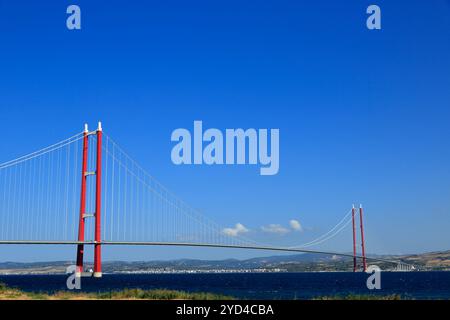 Canakkale 1915 Hängebrücke. Canakkale, die Hängebrücke mit der längsten mittleren Offenheit der Welt. Stockfoto