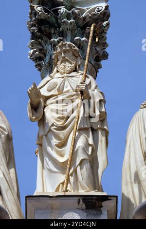 St. Jakobus, Statue auf der St.-Mariensäule vor der St.-Jakobskirche in Ljubljana, Slowenien Stockfoto