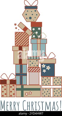 Ein Stapel Geschenke in Form eines Weihnachtsbaums mit der Aufschrift „Frohe Weihnachten“. Weihnachtskomposition Clip Art für Postkarten, Verkäufe, Broschüren Stock Vektor