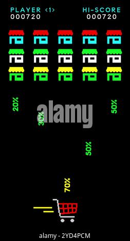 Cyber monday-Verkaufsbanner als Retro-Arcade-Videospiel. Einkaufswagen sammelt Rabatte, die Internetshops abgeben. Stock Vektor